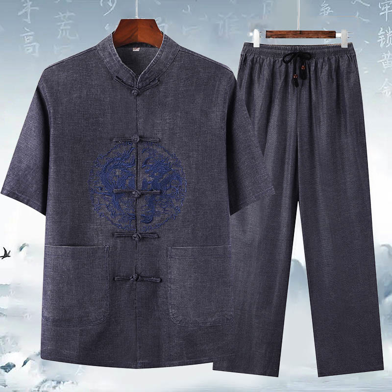 Mythstone Dragon Embroidery Pattern Tang Suit Short Sleeve Shirt Pants Men's Set