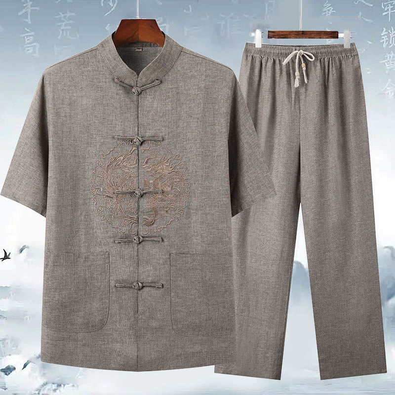 Mythstone Dragon Embroidery Pattern Tang Suit Short Sleeve Shirt Pants Men's Set