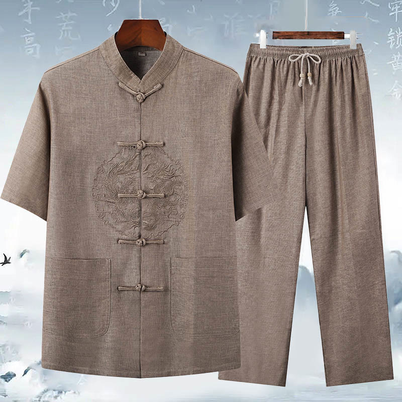 Mythstone Dragon Embroidery Pattern Tang Suit Short Sleeve Shirt Pants Men's Set