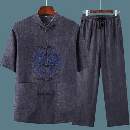 Mythstone Dragon Embroidery Pattern Tang Suit Short Sleeve Shirt Pants Men's Set