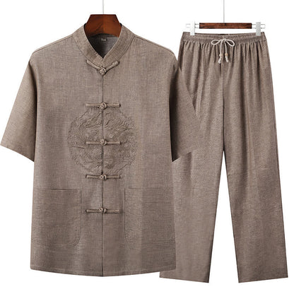 Mythstone Dragon Embroidery Pattern Tang Suit Short Sleeve Shirt Pants Men's Set