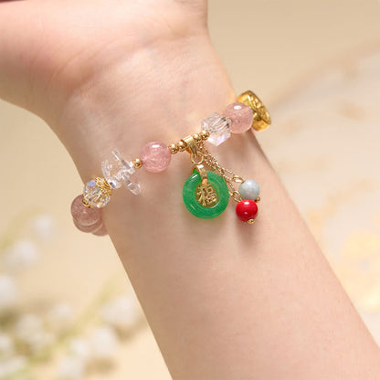 Mythstone Strawberry Quartz Jade Fu Character Charm Healing Bracelet