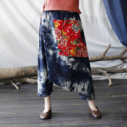 Pantalones harén de lino y algodón con bolsillos, diseño de peonías rojas, bambú azul y crisantemo, patchwork 