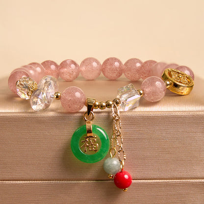 Mythstone Strawberry Quartz Jade Fu Character Charm Healing Bracelet