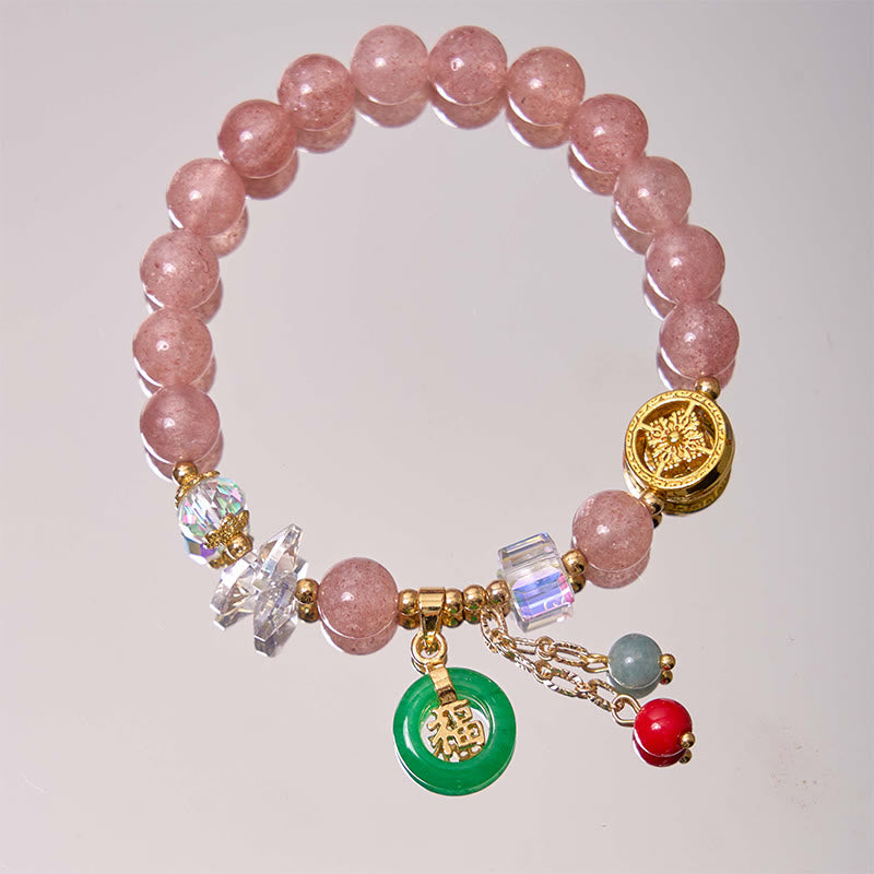 Mythstone Strawberry Quartz Jade Fu Character Charm Healing Bracelet