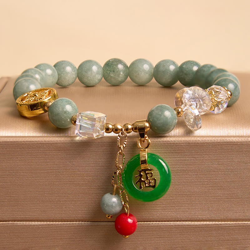 Mythstone Strawberry Quartz Jade Fu Character Charm Healing Bracelet