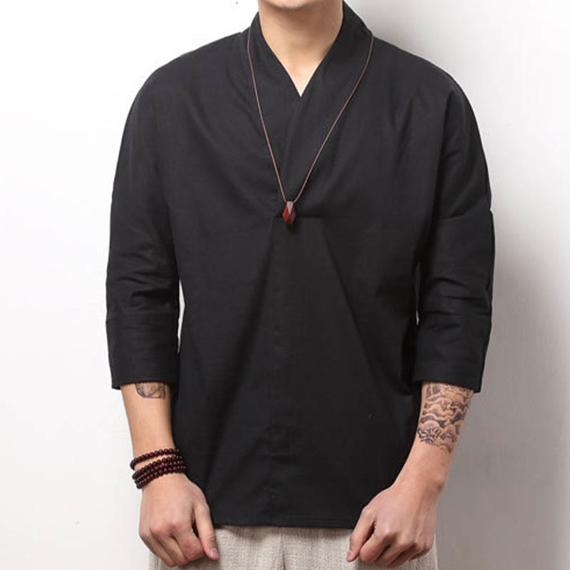 Mythstone Casual V-Neck Three Quarter Sleeve Shirt Cotton Linen Men Clothing