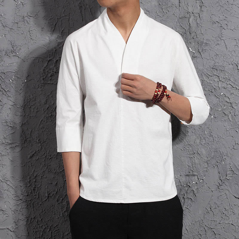 Mythstone Casual V-Neck Three Quarter Sleeve Shirt Cotton Linen Men Clothing