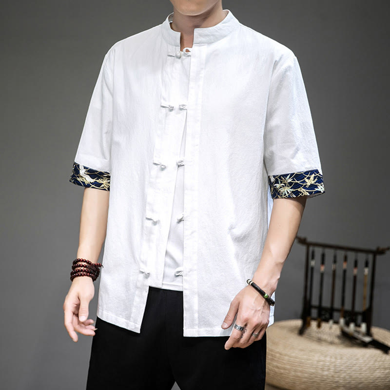 Mythstone Frog-Button Chinese Tang Suit Half Sleeve Crane Shirt Jacket Linen Men Clothing