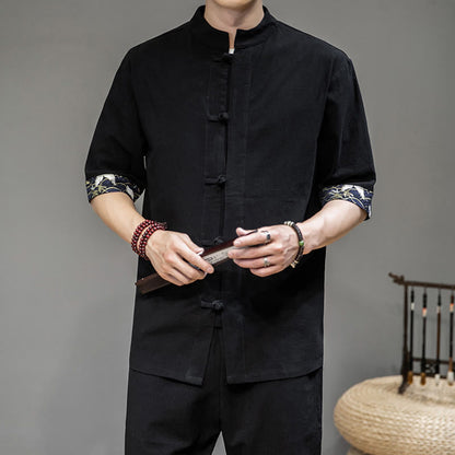 Mythstone Frog-Button Chinese Tang Suit Half Sleeve Crane Shirt Jacket Linen Men Clothing