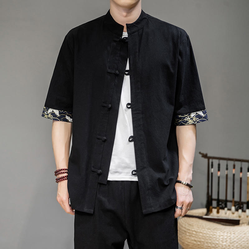 Mythstone Frog-Button Chinese Tang Suit Half Sleeve Crane Shirt Jacket Linen Men Clothing