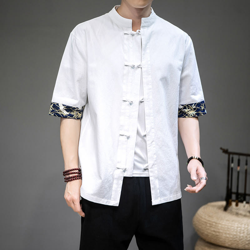 Mythstone Frog-Button Chinese Tang Suit Half Sleeve Crane Shirt Jacket Linen Men Clothing