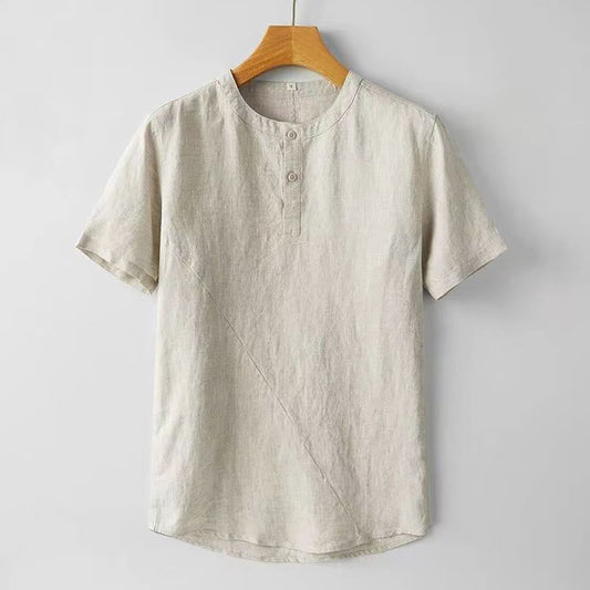 Mythstone Summer Men's Solid Color Button Short Sleeve Linen Shirt