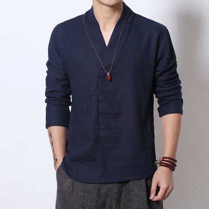 Mythstone Casual V-Neck Long Sleeve Shirt Linen Men Clothing