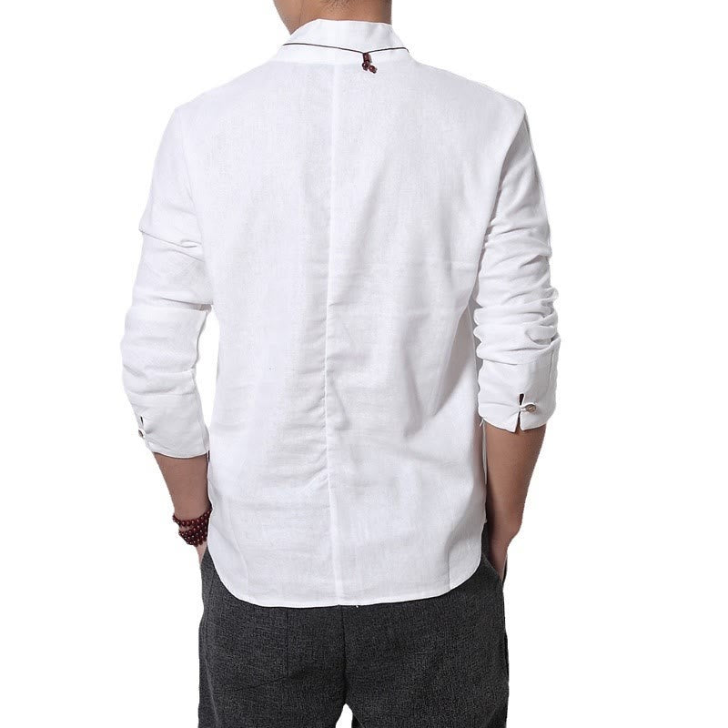 Mythstone Casual V-Neck Long Sleeve Shirt Linen Men Clothing