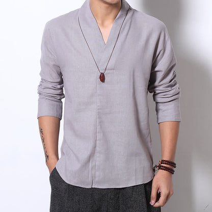 Mythstone Casual V-Neck Long Sleeve Shirt Linen Men Clothing