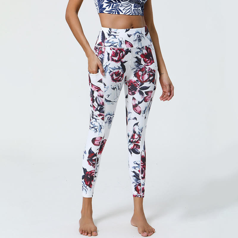 Leggings deportivos de cintura alta con estampado de leopardo y tigre de Mythstone Rose Lines para mujer, pantalones de yoga con bolsillos 