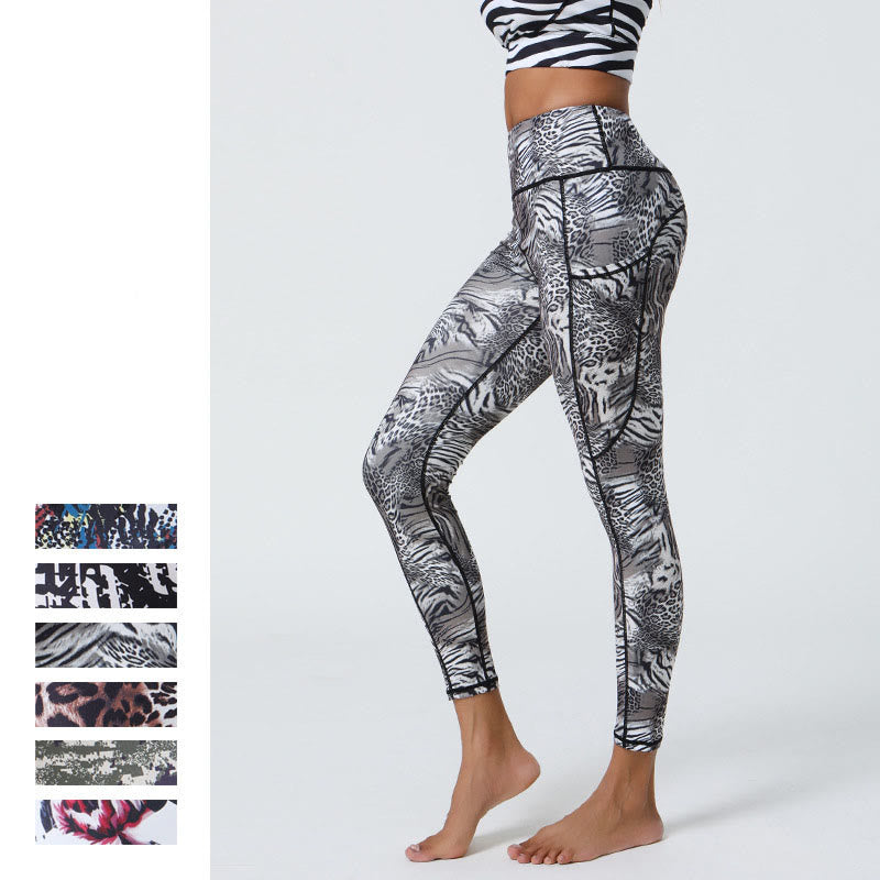 Leggings deportivos de cintura alta con estampado de leopardo y tigre de Mythstone Rose Lines para mujer, pantalones de yoga con bolsillos 