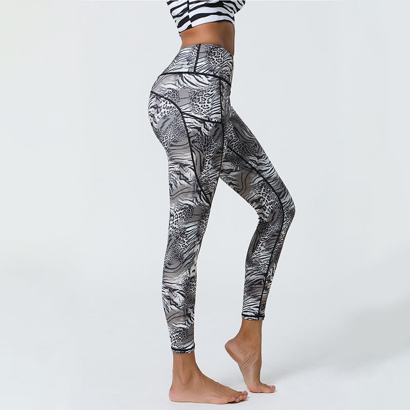 Leggings deportivos de cintura alta con estampado de leopardo y tigre de Mythstone Rose Lines para mujer, pantalones de yoga con bolsillos 