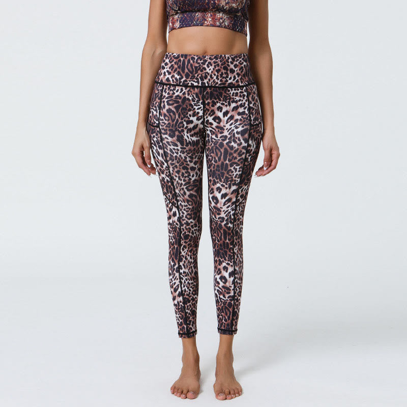 Leggings deportivos de cintura alta con estampado de leopardo y tigre de Mythstone Rose Lines para mujer, pantalones de yoga con bolsillos 