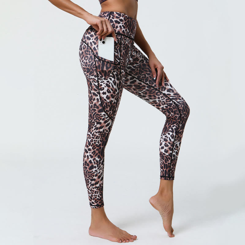 Leggings deportivos de cintura alta con estampado de leopardo y tigre de Mythstone Rose Lines para mujer, pantalones de yoga con bolsillos 