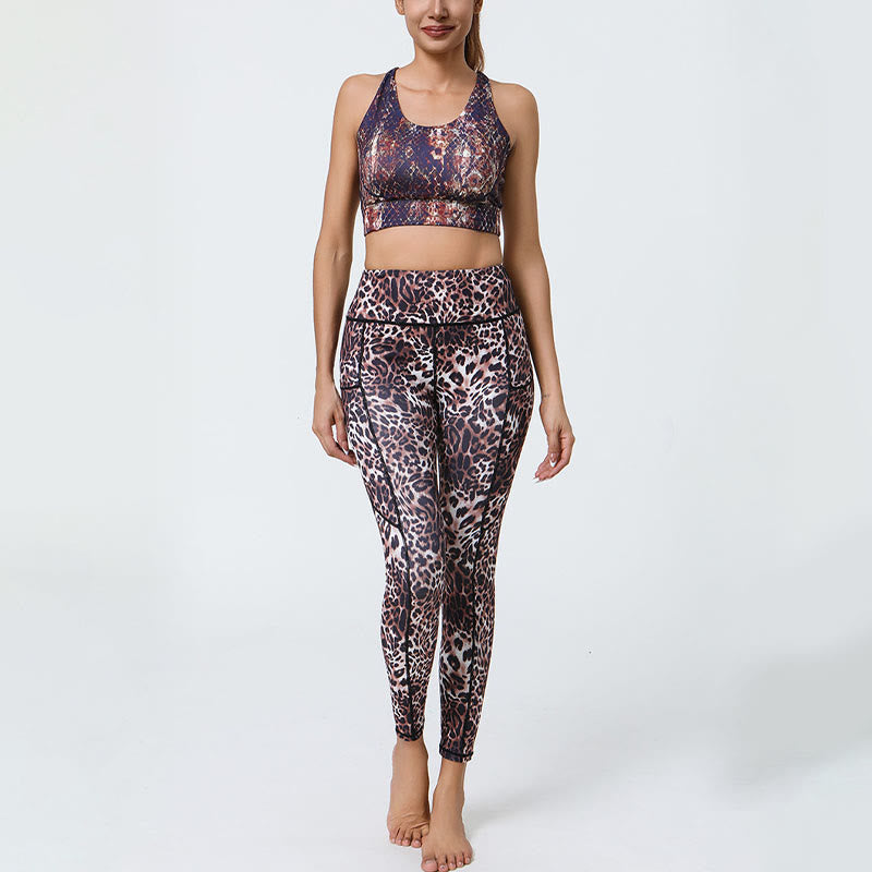 Leggings deportivos de cintura alta con estampado de leopardo y tigre de Mythstone Rose Lines para mujer, pantalones de yoga con bolsillos 