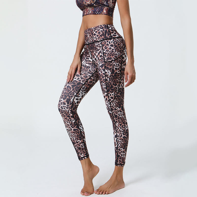 Leggings deportivos de cintura alta con estampado de leopardo y tigre de Mythstone Rose Lines para mujer, pantalones de yoga con bolsillos 