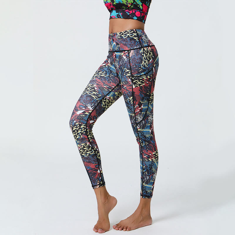 Leggings deportivos de cintura alta con estampado de leopardo y tigre de Mythstone Rose Lines para mujer, pantalones de yoga con bolsillos 