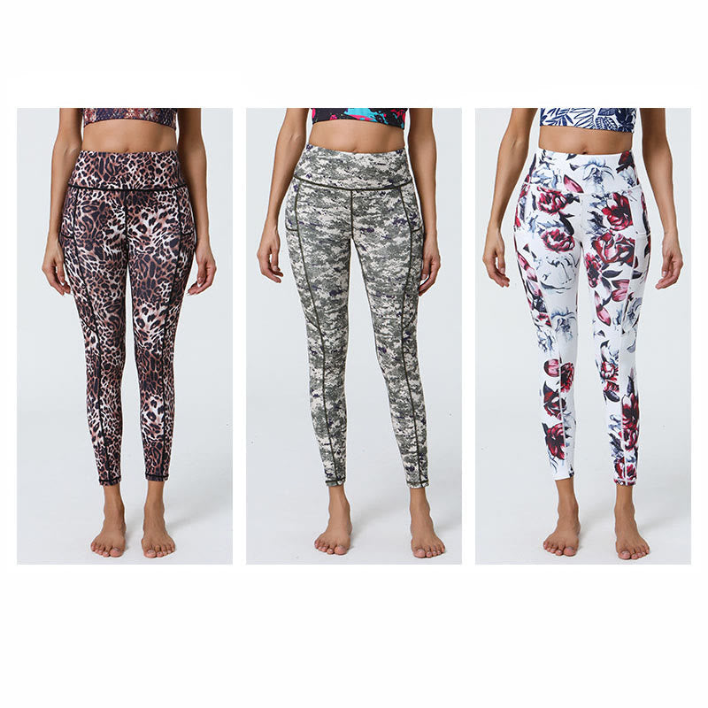 Leggings deportivos de cintura alta con estampado de leopardo y tigre de Mythstone Rose Lines para mujer, pantalones de yoga con bolsillos 