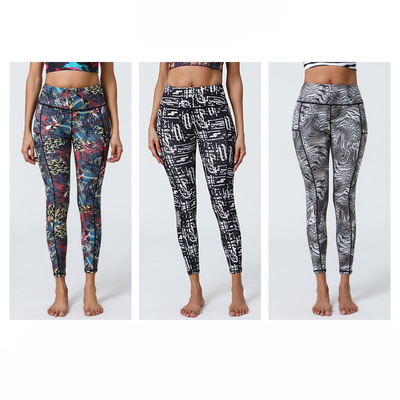 Leggings deportivos de cintura alta con estampado de leopardo y tigre de Mythstone Rose Lines para mujer, pantalones de yoga con bolsillos 