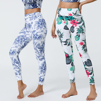 Leggings deportivos de cintura alta con estampado de flores, hojas, dientes de león y piñas de Mythstone para mujer 