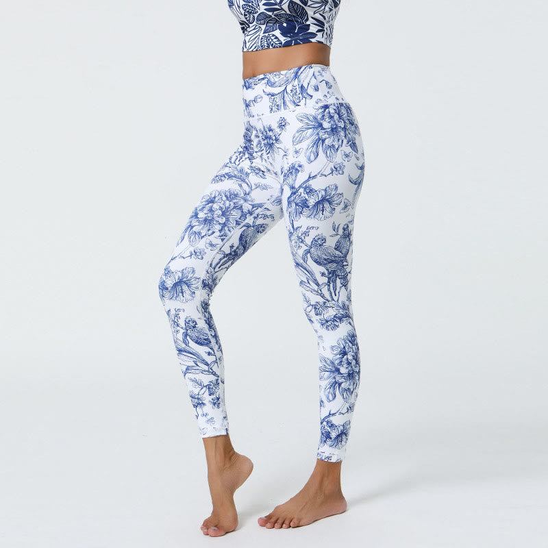 Leggings deportivos de cintura alta con estampado de flores, hojas, dientes de león y piñas de Mythstone para mujer 