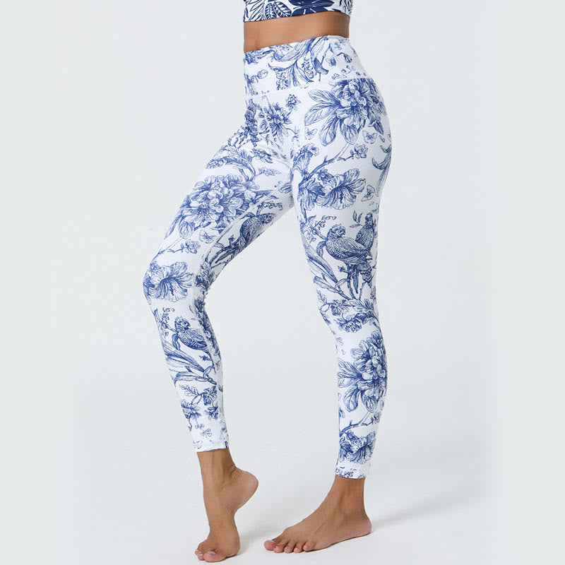 Leggings deportivos de cintura alta con estampado de flores, hojas, dientes de león y piñas de Mythstone para mujer 