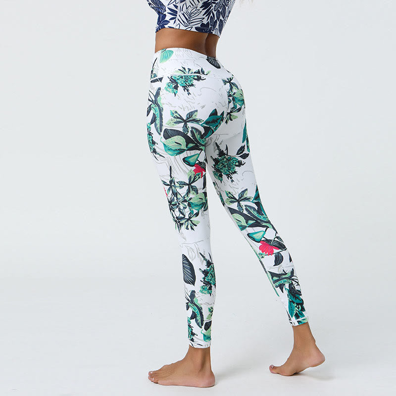 Leggings deportivos de cintura alta con estampado de flores, hojas, dientes de león y piñas de Mythstone para mujer 