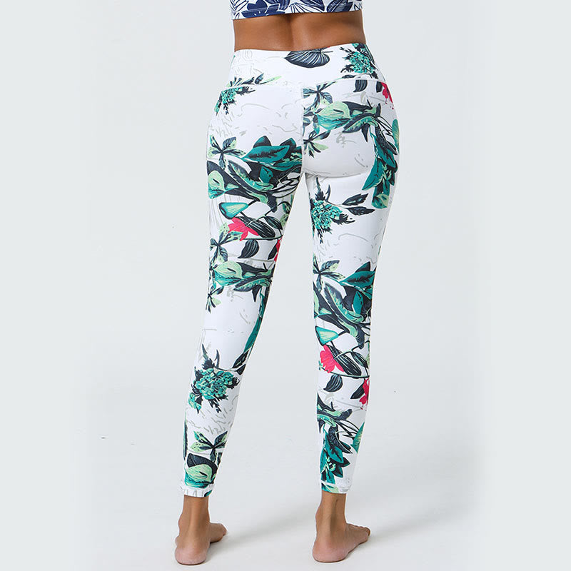 Leggings deportivos de cintura alta con estampado de flores, hojas, dientes de león y piñas de Mythstone para mujer 