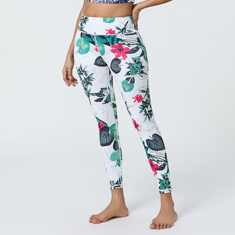 Leggings deportivos de cintura alta con estampado de flores, hojas, dientes de león y piñas de Mythstone para mujer 