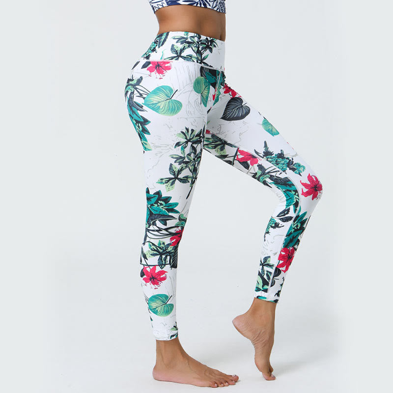 Leggings deportivos de cintura alta con estampado de flores, hojas, dientes de león y piñas de Mythstone para mujer 