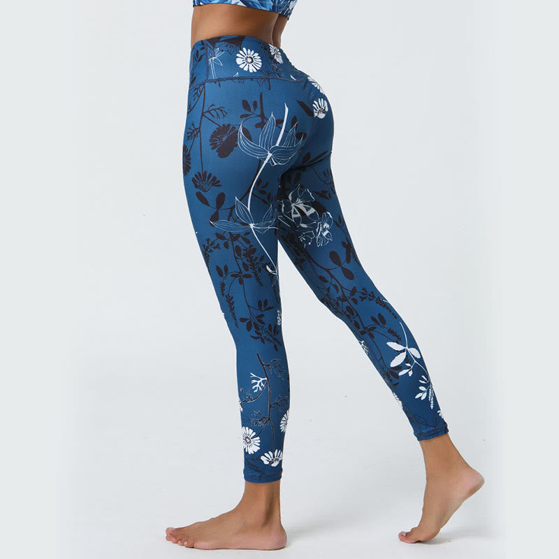 Leggings deportivos de cintura alta con estampado de flores, hojas, dientes de león y piñas de Mythstone para mujer 