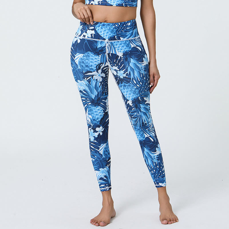 Leggings deportivos de cintura alta con estampado de flores, hojas, dientes de león y piñas de Mythstone para mujer 