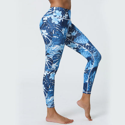 Leggings deportivos de cintura alta con estampado de flores, hojas, dientes de león y piñas de Mythstone para mujer 