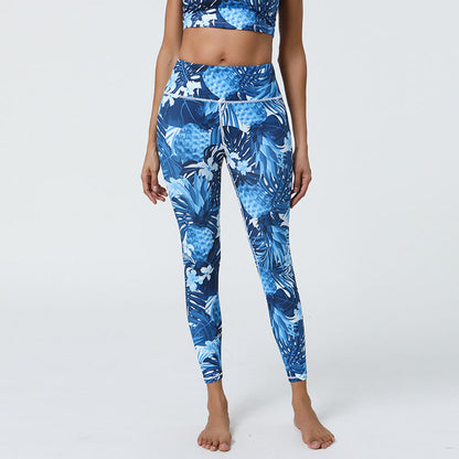 Leggings deportivos de cintura alta con estampado de flores, hojas, dientes de león y piñas de Mythstone para mujer 