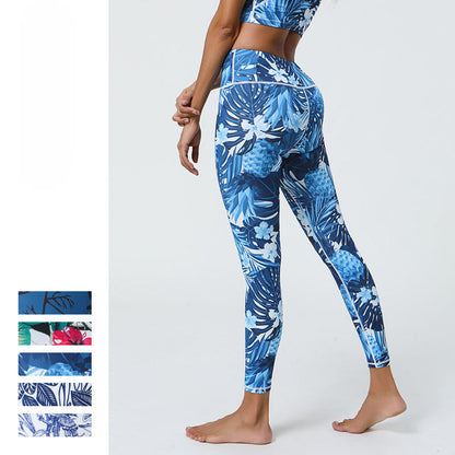 Leggings deportivos de cintura alta con estampado de flores, hojas, dientes de león y piñas de Mythstone para mujer 