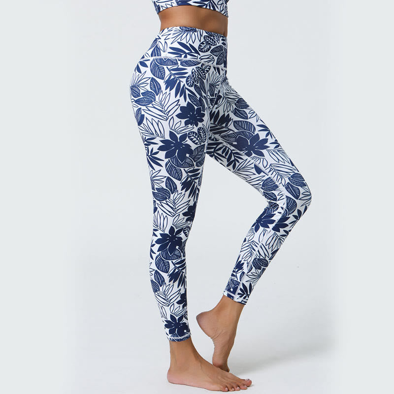 Leggings deportivos de cintura alta con estampado de flores, hojas, dientes de león y piñas de Mythstone para mujer 