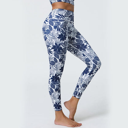 Leggings deportivos de cintura alta con estampado de flores, hojas, dientes de león y piñas de Mythstone para mujer 