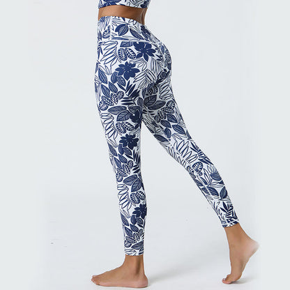 Leggings deportivos de cintura alta con estampado de flores, hojas, dientes de león y piñas de Mythstone para mujer 