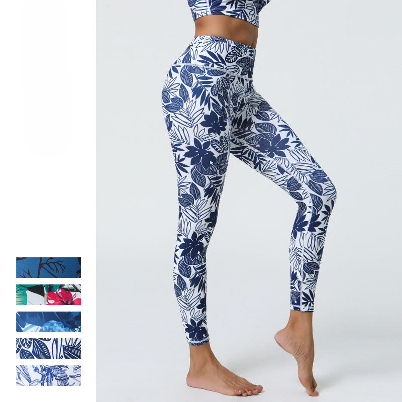 Leggings deportivos de cintura alta con estampado de flores, hojas, dientes de león y piñas de Mythstone para mujer 