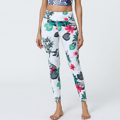 Leggings deportivos de cintura alta con estampado de flores, hojas, dientes de león y piñas de Mythstone para mujer 