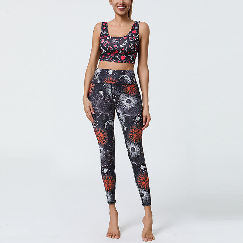 Mythstone Flowers Feathers Sun Moon Print Sports Fitness Yoga High Waist Leggings Women's Pants