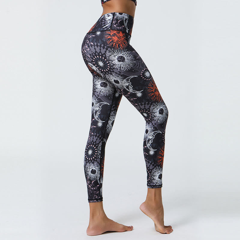 Mythstone Flowers Feathers Sun Moon Print Sports Fitness Yoga High Waist Leggings Women's Pants