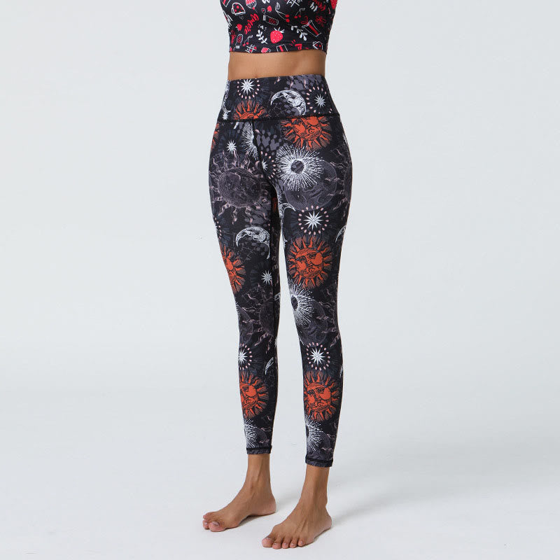 Mythstone Flowers Feathers Sun Moon Print Sports Fitness Yoga High Waist Leggings Women's Pants